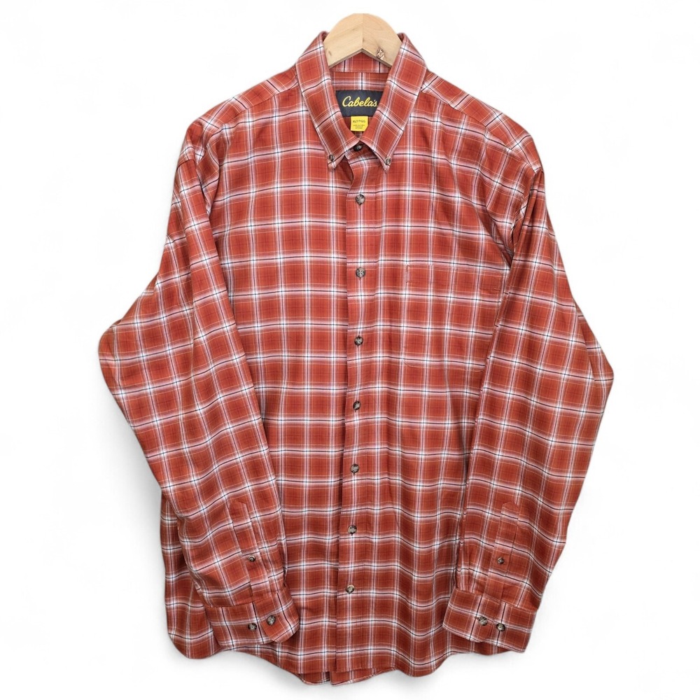Cabelas Shirt Mens XL Tall XLT Orange Plaid Checkered Button Frontโ Casual Work